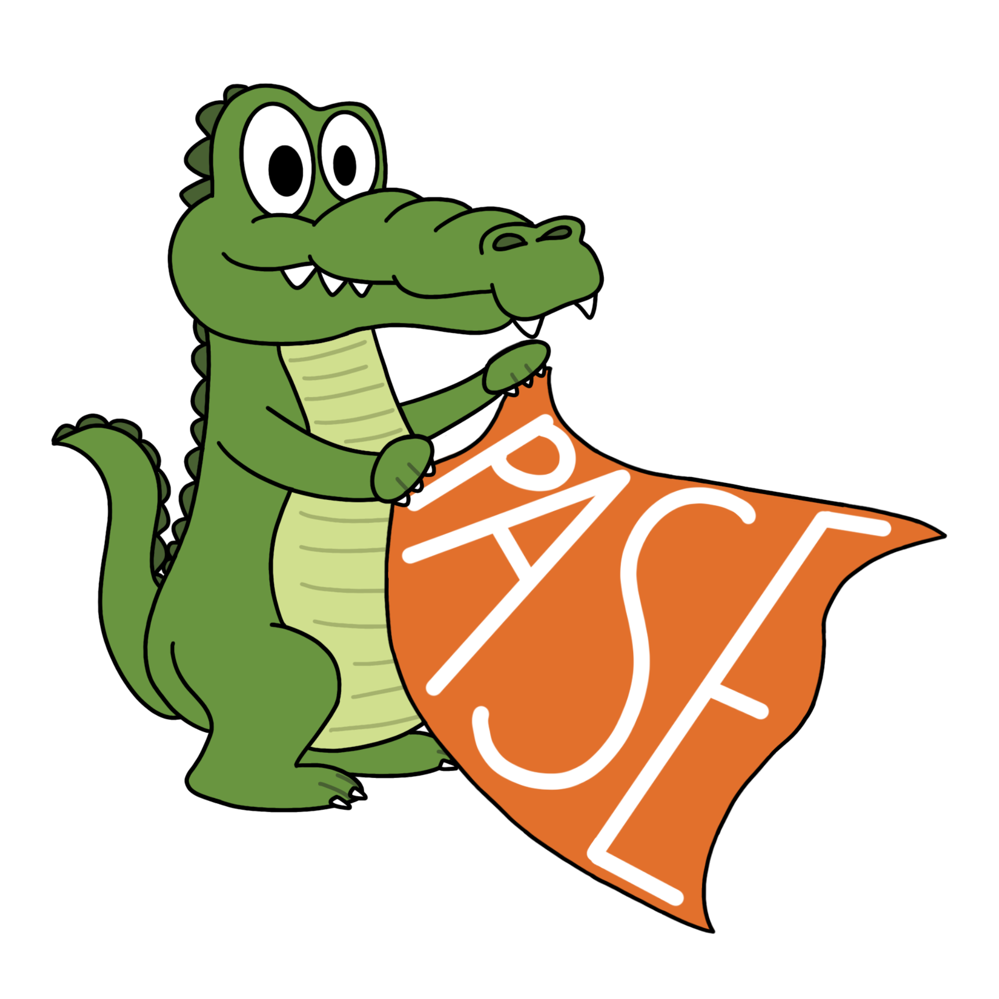 Percy the alligator holding an orange PASE flag